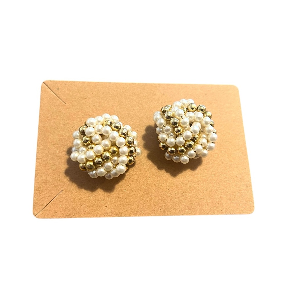 Vintage Couture Faux Pearl & Gold Bead Cluster Earrings